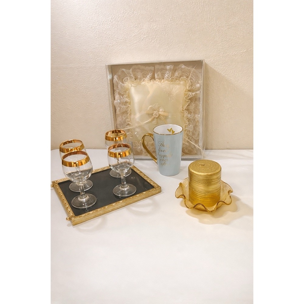 Wedding Decor Bundle Vintage Gold Rim Glasses Ring Pillow Mug Bridal Shower Gif